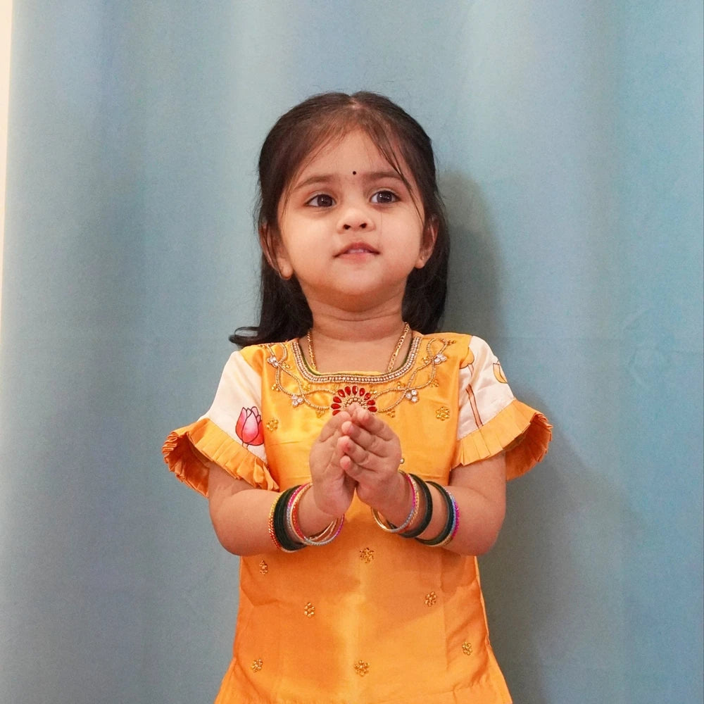 Kids Yellow AARI Work Digital Print Banarasi Designer Pattu Pavadai PPP1343